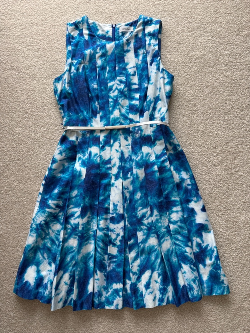 Calvin Klein Teal Aqua White Watercolor Belted Pleated Fit & Flare Dress Size M